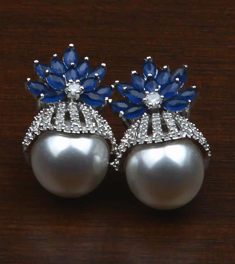 Rhodium Plated Sapphire and Pearl Embellished AD Earrings 216ED605