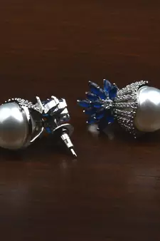 Rhodium Plated Sapphire and Pearl Embellished AD Earrings 216ED605