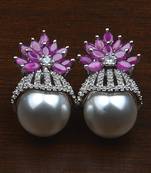 Rhodium Plated Ruby and Pearl Embellished AD Earrings 216ED606