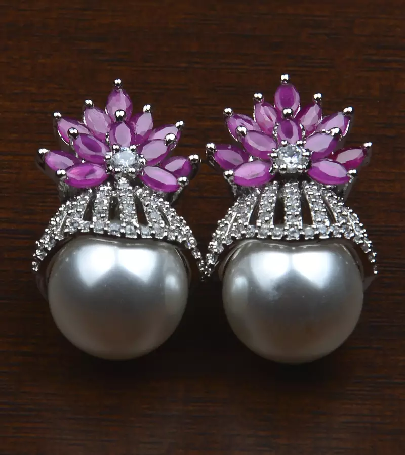 Rhodium Plated Ruby and Pearl Embellished AD Earrings 216ED606