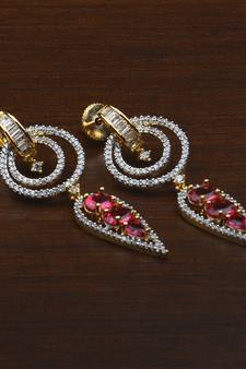Gold Plated Hydro Ruby Embellished American Diamond Earrings 216ED609