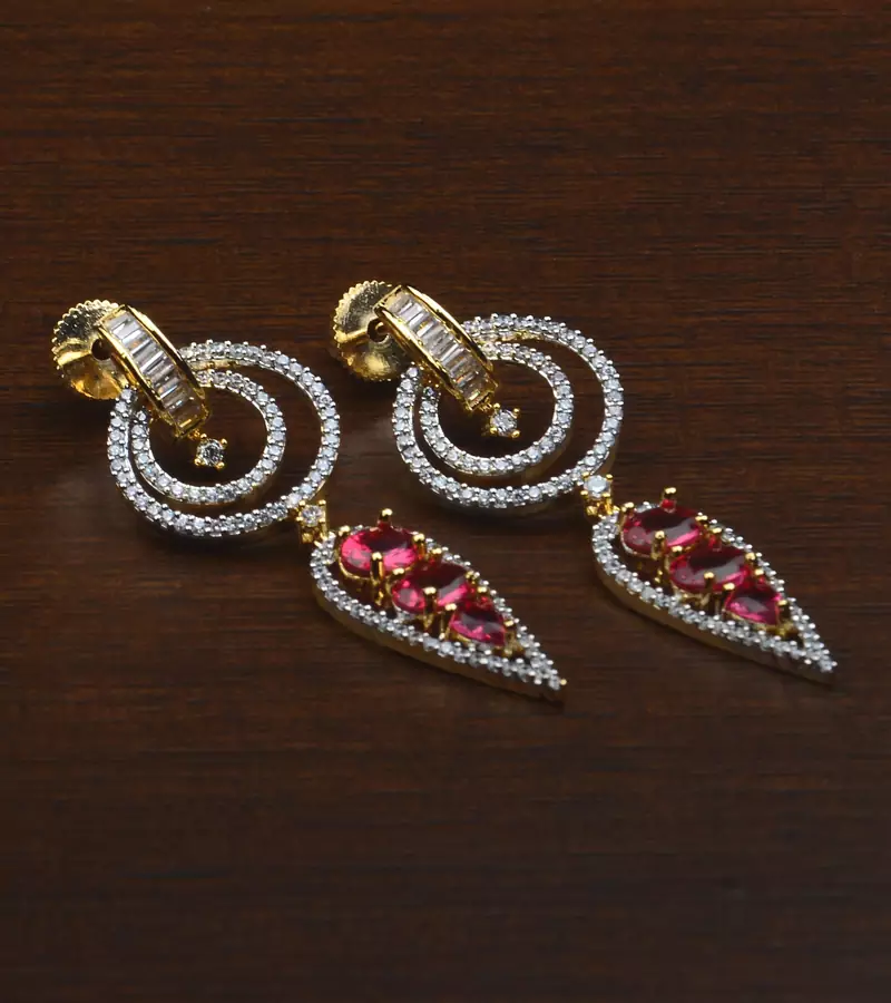 Gold Plated Hydro Ruby Embellished American Diamond Earrings 216ED609