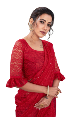 Red Rasal Net Bollywood Look Saree 5