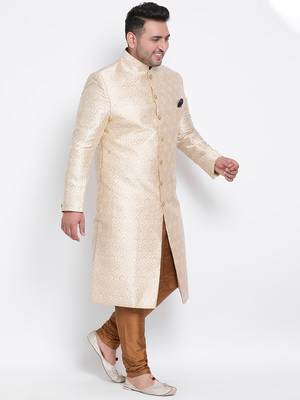 beige woven viscose sherwani 3