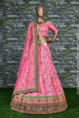 Wonderful Pink Embroidered Designer Art Silk Wedding Designer Bridal Lehenga Choli For Women 2
