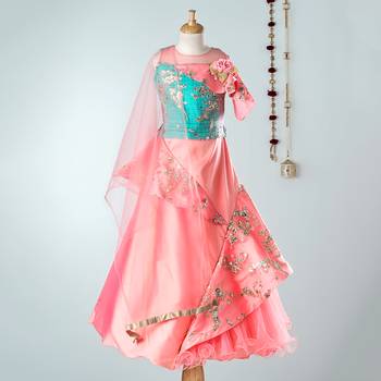 Peach/Sea Green - Sequined Flower Applique Sleeveless Choli with Assymetric Cut Lehenga & Net Dupatta 1