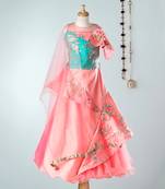 Peach/Sea Green - Sequined Flower Applique Sleeveless Choli with Assymetric Cut Lehenga & Net Dupatta