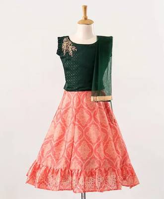 Bottle Green/Peach - Foil Print Sleeveless Choli with Kalli Patterned Lehenga & Net Dupatta for Girl Kids 1