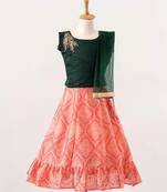 Bottle Green/Peach - Foil Print Sleeveless Choli with Kalli Patterned Lehenga & Net Dupatta for Girl Kids