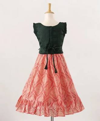 Bottle Green/Peach - Foil Print Sleeveless Choli with Kalli Patterned Lehenga & Net Dupatta for Girl Kids 2
