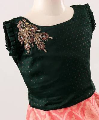 Bottle Green/Peach - Foil Print Sleeveless Choli with Kalli Patterned Lehenga & Net Dupatta for Girl Kids 3