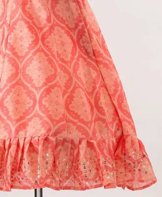 Bottle Green/Peach - Foil Print Sleeveless Choli with Kalli Patterned Lehenga & Net Dupatta for Girl Kids 4