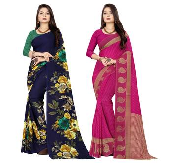 multicolor Georgette Printed Daily Wear Saree With Blouse (Pack of 2) 1
