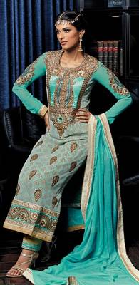 blue embroidered art silk semi stitched salwar with dupatta 1