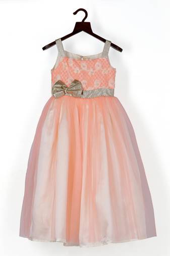 Lacy peach gown with golden bow