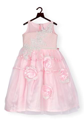 Pink Cow girls party gown embellished with hand made flowers