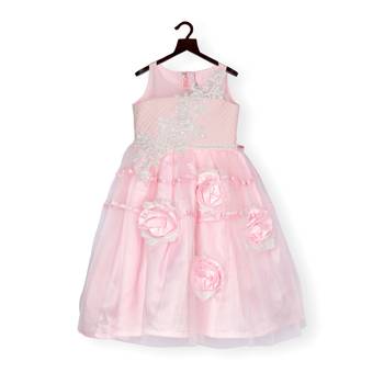 Pink Cow girls party gown embellished with hand made flowers 1