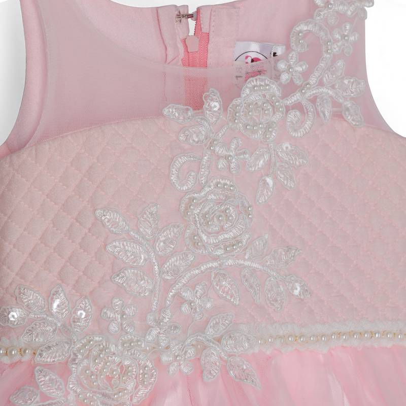 Pink Cow girls party gown embellished with hand made flowers