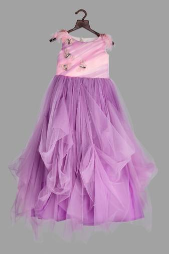 Pink cow stylish embroidered flared party gown -Lilac