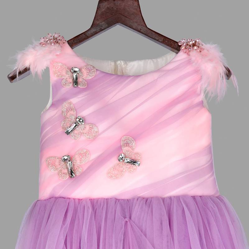 Pink cow stylish embroidered flared party gown -Lilac