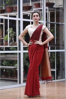 Red black handwoven cotton saree