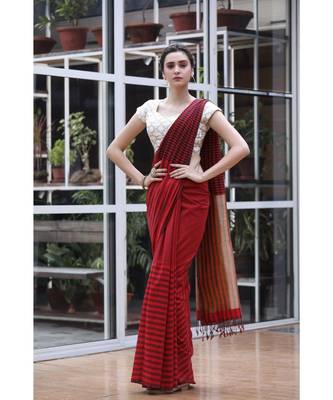 Red black handwoven cotton saree 1