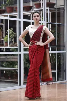 Red black handwoven cotton saree