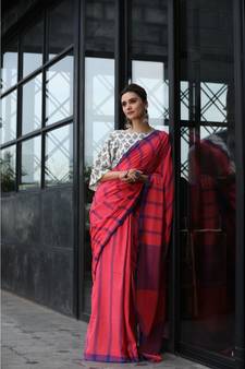 Pink handwoven linen saree