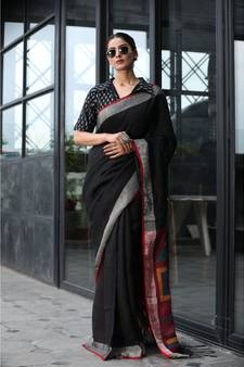Black handwoven linen saree