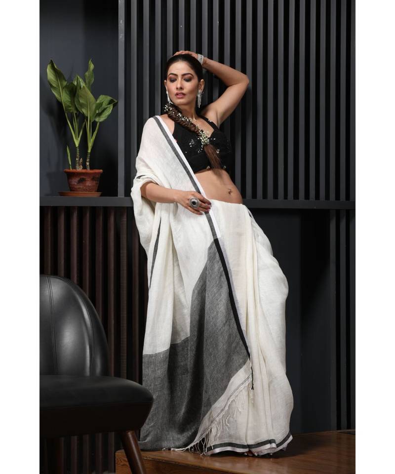 Off white handloom linen saree