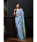 Blue handwoven linen saree