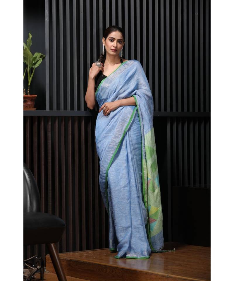 Blue handwoven linen saree