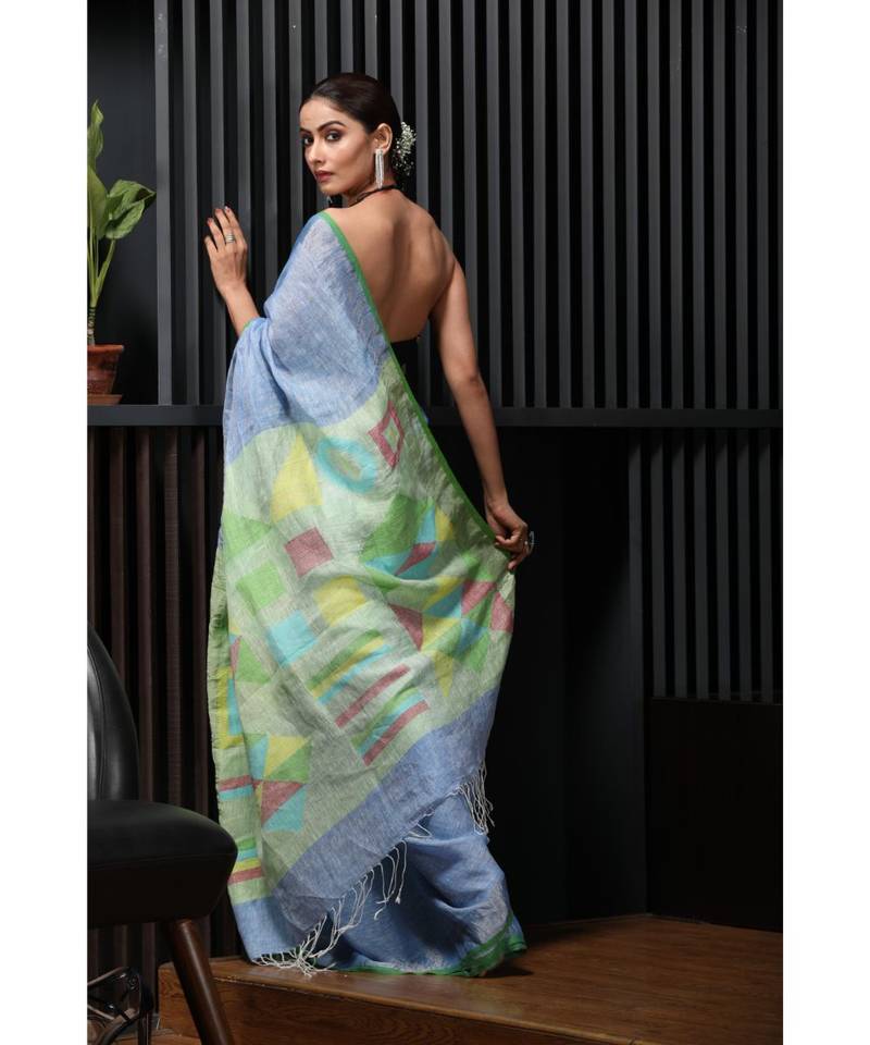 Blue handwoven linen saree