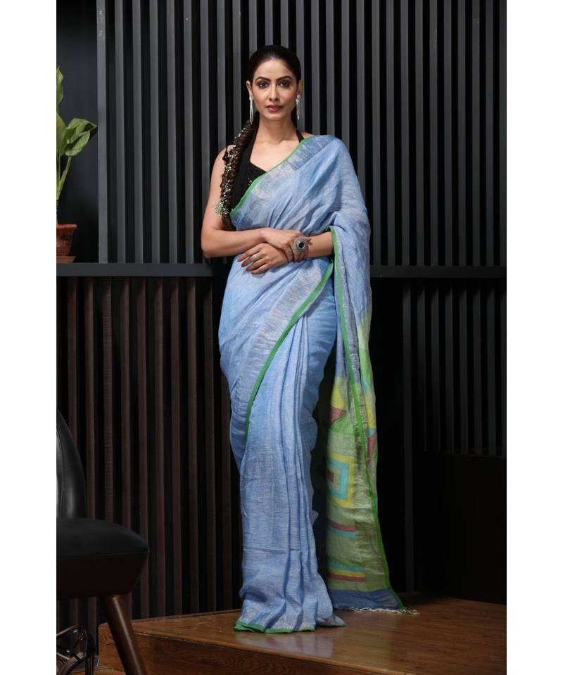 Blue handwoven linen saree