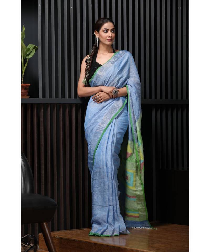 Blue handwoven linen saree