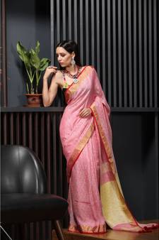 Pink handwoven linen saree