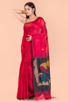 Red handwoven blended cotton saree