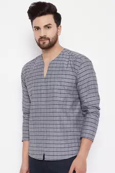 Grey plain dupion silk men-kurtas