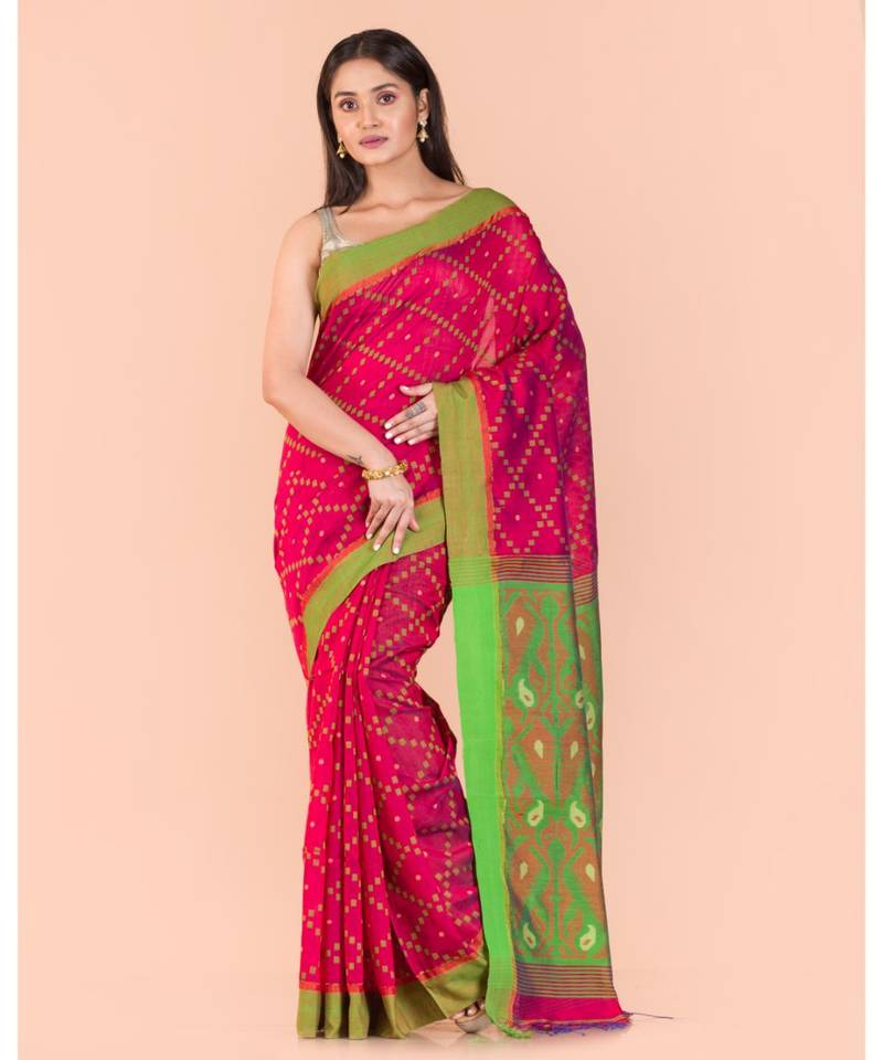 Rani pink Blended cotton jamdani saree