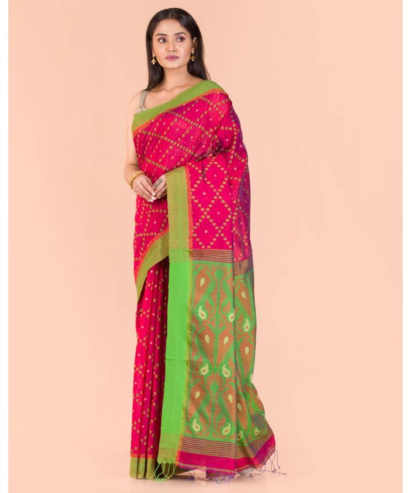Rani pink Blended cotton jamdani saree