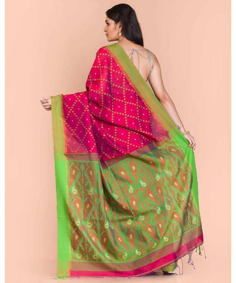 Rani pink Blended cotton jamdani saree