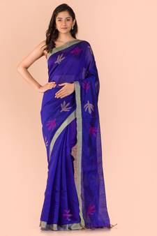 Blue blended cotton jamdani saree