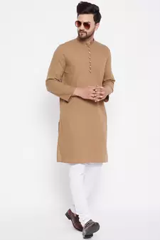 Beige plain cotton men-kurtas