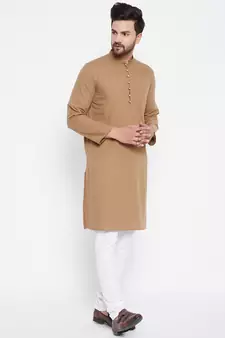 Beige plain cotton men-kurtas
