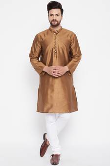 Brown woven dupion silk men-kurtas
