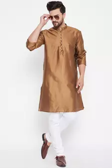 Brown woven dupion silk men-kurtas
