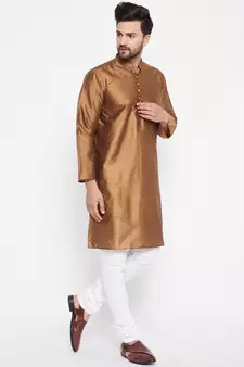 Brown woven dupion silk men-kurtas