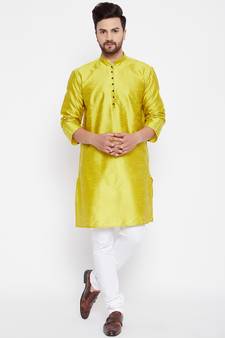 Yellow woven dupion silk men-kurtas