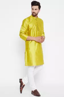 Yellow woven dupion silk men-kurtas