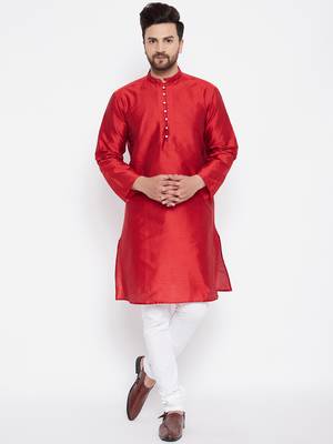 Red woven dupion silk men-kurtas 1